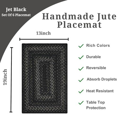 Homespice Jet Black Jute Braided Placemats, Rect 13x19 Set of 6 | Black Protects Tabletop in Style and Everyday and Holiday Table Mats, Rich Colors, Reversible, Durable and Easy to Clean - color: Jet Black