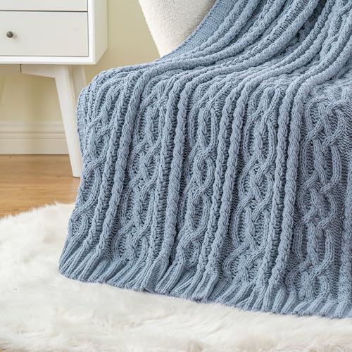 Battilo Bluish Grey Throw Blanket for Couch,51"x67", Super Soft Warm Cozy Chenille Knit Blankets for Bed, Sofa, Chair, Gift, Texture Decorative Boho Blanket for Living Room (Dusty Blue) - color: Bluish Grey