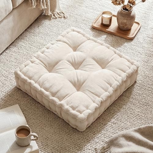 Intelligent Design Floor Pillow Meditation Cushion, 20x20 Ivory | Sitting for Adults Yoga, Shredded Foam Filled, Chenille Tufted Cover, Handsewn Scalloped Edge, OEKO-TEX Certified - color: Ivory
