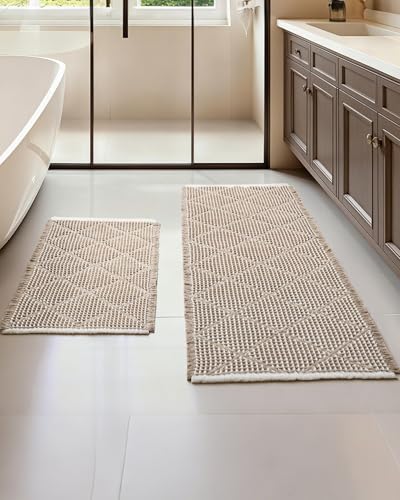 Furicher Waffle Bath Mat Set, Non Slip Bathroom Rugs 2 Piece, Brown & White | Ultra Absorbent Long Bath Rug Runner for Bathroom Boho Chic Decor, Machine Washable Floor Mats, 20"×47" Plus 18"×30" - color: Brown & White