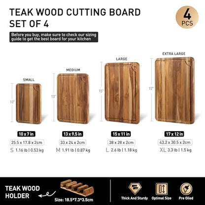 4 Pack Teak Wood Cutting Board Set for Kitchen Heavy Duty Non Toxic Non Slip Solid Thick Wood Haus Chopping Board Extra Large Big Small Meat Best Essential House Warming Hostess Host Gift - style: Set of 4 with Holder