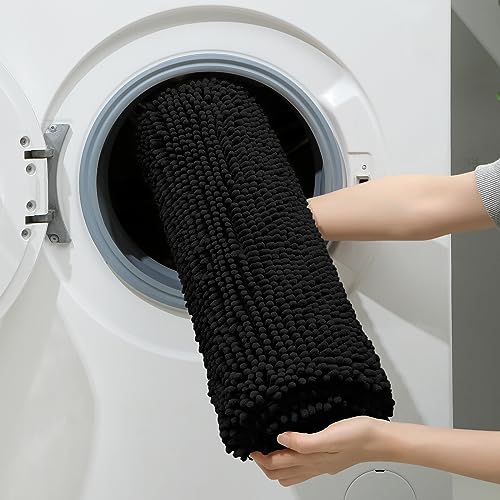 HOMEIDEAS 3 Pieces Bathroom Rugs, Ultra Soft Non Slip Absorbent Chenille Toilet Bath Mat Set (Black) - color: Black-black, size: 17"x24"+20"x32"+U Shape 20"x24"