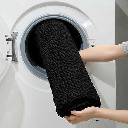 HOMEIDEAS 3 Pieces Bathroom Rugs, Ultra Soft Non Slip Absorbent Chenille Toilet Bath Mat Set (Black) - color: Black-black, size: 17"x24"+20"x32"+U Shape 20"x24"