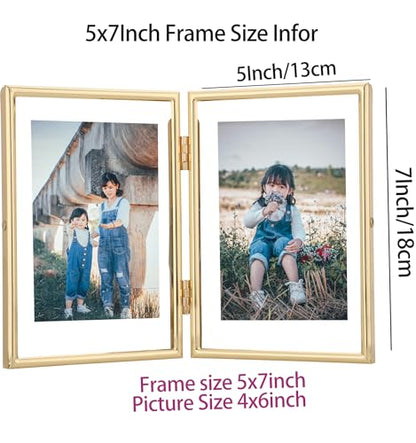 Gold 5x7 Double Floating Frame for Photo Sizes(3.5x5'',4x6''),Classy Metal Rounded Edge Frame Adjustable Tabletop/Shelf Photo Frame,for Wedding,Christmas,Birthady,Home or Office Decor. - size: 5x7'' (Double)