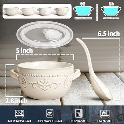 French Onion Soup Bowls with Handles and lids & Spoons, 20 Oz Ceramic Soup Crocks Oven Safe Serving Bowls for Chili, Beef Stew, Cereal, Pot Pies, Embossment, Set of 4, White (Damask Floral) - color: White (Damask Floral)