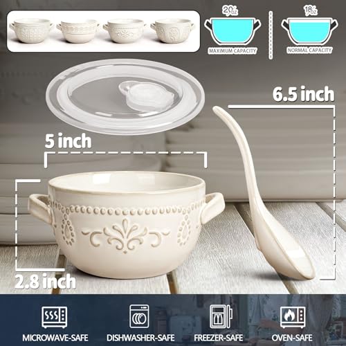 French Onion Soup Bowls with Handles and lids & Spoons, 20 Oz Ceramic Soup Crocks Oven Safe Serving Bowls for Chili, Beef Stew, Cereal, Pot Pies, Embossment, Set of 4, White (Multiple Patterns) - color: White (Multiple Patterns)