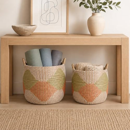 Set of 3 Handwoven Seagrass Storage Baskets with Handles, Decorative Round Wicker Basket Set for Blankets, Toys, Towels, Nursery, Living Room & Bedroom