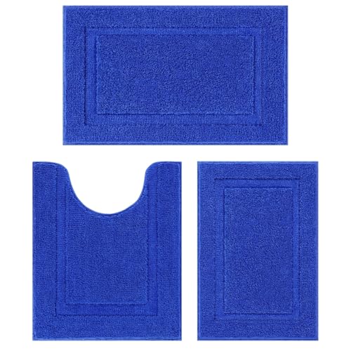 SHACOS Royal Blue Bathroom Rugs Sets 3 Piece Bath Mat U Shaped Toilet Rug | 20x32+ 16x24+ 20x24, Soft Fluffy Microfiber Bath Rugs Set, Non Slip Washable Absorbent Bathroom Floor Mats Carpet Shower Rug - color: Royal Blue, size: 16"x24"+ 20"x32"+U Shape 20