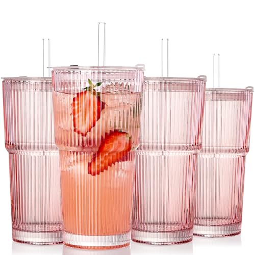 4PCS Pink Ribbed Glass Cups with Lids and Straws, 20oz Vintage Drinking Glasses, Aesthetic Iced Coffee Cups, Glass Tumbler for Boba, Beer, Tea, Cocktails, Ribbed Glassware Set,Pink - color: Pink-4