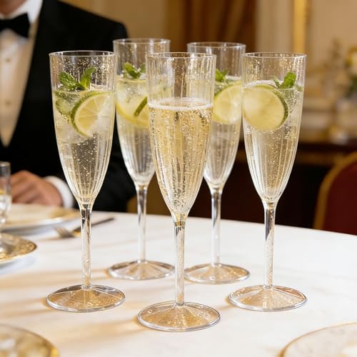 36 PCS Gold Glitter Plastic Champagne Flutes, 6 oz Disposable Wine Glasses, Reusable Cocktail Cups Party Supplies for Party Wedding Toasting Birthday Bridal Shower - color: Gold Glitter