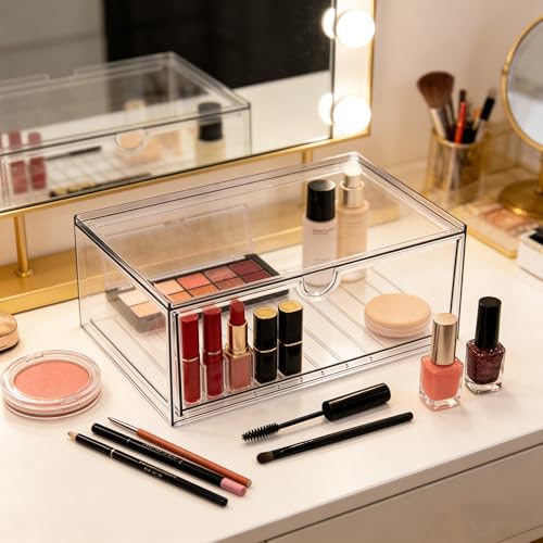 Prsildan Acrylic Makeup Organizer Stackable Clear Storage Drawers for Baby Bottles Desk Organizers for Countertop Vanity Nursery Adjustable Modular System for Cosmetics Jewelry - size: Stackable-1 Drawer