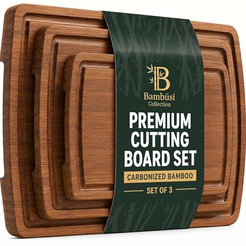Bamboo Cutting Boards for Kitchen, Non Toxic Wooden Chopping Board Set | Carbonized Dark Color, Deep Juice Groove, Knife-Friendly, Side Handles, Reversible, for Meat, Veg, Fruit, Cheese - size: 3-Piece (Brown)