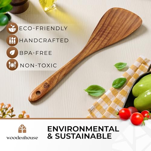 Wooden Spatula for Cooking, 12" Flat Wooden Spoon & Scraper for Frying | Natural acacia hardwood turner, nonstick & cast iron safe, non toxic, long comfort grip handle, easy to clean