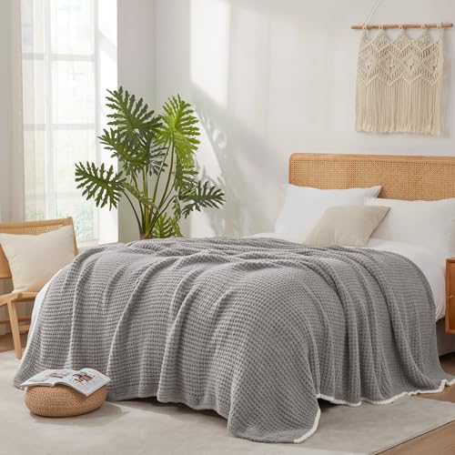 Snuggle Sac Soft Waffle Blanket, Grey Bedding Blankets Queen Size 90x90 inches, Reversible Microfiber Fluffy Fuzzy Grey Blanket Cozy Knit Blanket for Women Mothers Birthday Gifts - color: Waffle Medium Grey, size: Queen(90"x90")