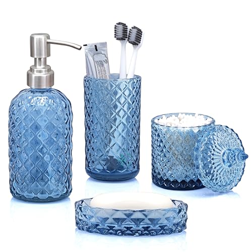 LaMarriti Blue Bathroom Accessories Set, 4Pcs Clear Glass Bathroom Accessory Set, Lotion Soap Dispenser, Toothbrush Holder Set, Soap Dish, Qtip Holder for Vintage Crystal Bath Decor, Gift Set - style: Blue