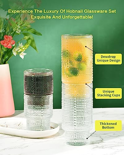 ISMASOAN Hobnail Drinking Glasses Set of 12, Stackable Glasses 12 oz & 7 oz | Beaded Drinking Glasses with vintage bubble texture. Gift-ready highball cups for water, juice, cocktails and everyday drinks - style: Stackable Dewdrop Surface