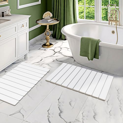 2 Pack Stone Bath Mats Foldable Non-Slip Quick Dry Bathroom Rugs | White Super Absorbent Diatomaceous Earth. Folds Flat for Compact Storage. Easy to Clean. Sandpaper Included for Stain Removal - color: White, size: 2× Rug 15×24" + 2× Non-slip Mat