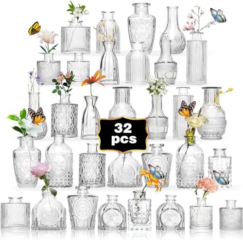 Glass Bud Vase Set of 32PCS Wedding Centerpieces for Tables,Mini Clear Bud Vases for Flowers,Small Flower Vases Suitable for Birthday Party,Anniversary,Wedding,Baby Shower (Clear, 32PCS) - color: Clear, size: 32PCS