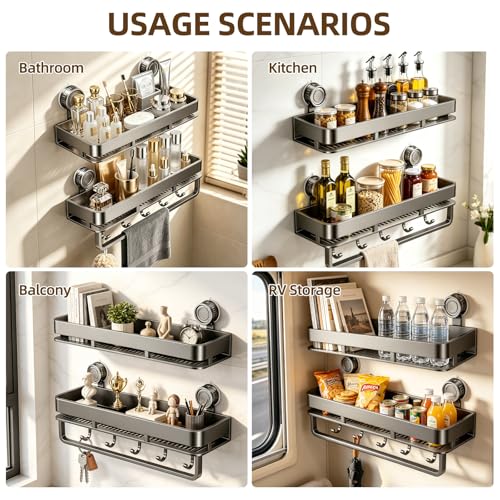Suction Cup Shower Caddy,No Drilling, Rectangular, Grey,2-Pack | Shelf for Inside Shower, Heavy Duty Carbon Steel, Towel Bar & Hooks, Rust-Resistant, Bathroom Organizer Storage Rack - color: Grey,2-Pack