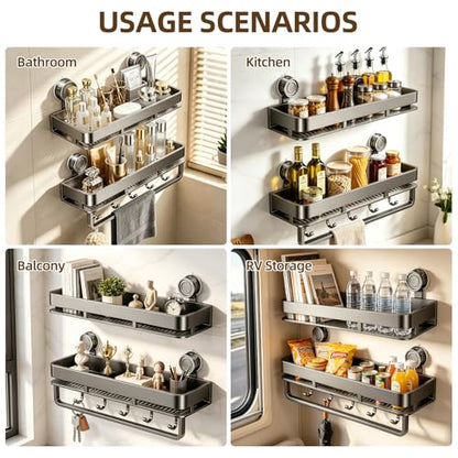 Suction Cup Shower Caddy,No Drilling, Rectangular, Grey,2-Pack | Shelf for Inside Shower, Heavy Duty Carbon Steel, Towel Bar & Hooks, Rust-Resistant, Bathroom Organizer Storage Rack - color: Grey,2-Pack