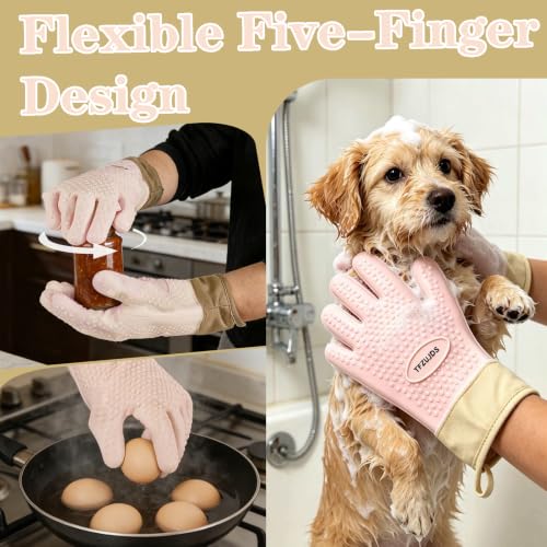 Silicone Oven Gloves with Fingers Heat Resistant 450°F in Kitchen | 1Pair Silicone Oven Mitts, Waterproof, Non-Slip, Extended Cuff Cotton Lined Kitchen Mitts for Baking Cooking Barbecue (Pink) - style: pink-large