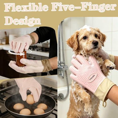 Silicone Oven Gloves with Fingers Heat Resistant 450°F in Kitchen | 1Pair Silicone Oven Mitts, Waterproof, Non-Slip, Extended Cuff Cotton Lined Kitchen Mitts for Baking Cooking Barbecue (Pink) - style: pink-large