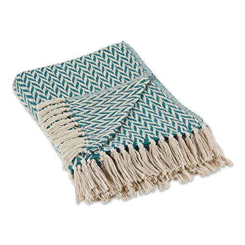 DII Modern Zig Zag Throw Blanket Woven Cotton, Hand-Knotted 2.5" Fringe, 50x60, Teal - color: Teal, size: 50x60"