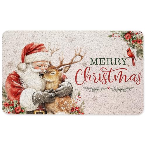 Vintage Merry Christmas Door Mat, Santa Reindeer Cardinal Christmas Doormat for Front Door Indoor Outdoor Entrance Porch, Winter Xmas Welcome Mat Outside, Xmas Bath Mats, 17x30 Inches - color: Vintage Merry Christmas