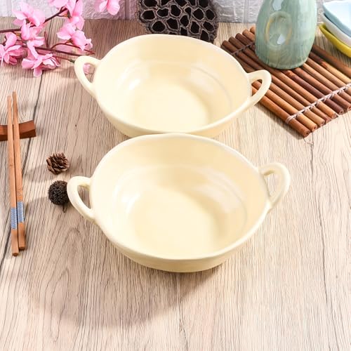 Ceramic Soup Bowls with Handles Set of 2, Cream Yellow Porcelain Snack Bowls, 24 oz Large Salad Bowls, Microwave and Dishwasher Safe
