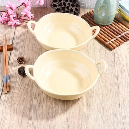 Ceramic Soup Bowls with Handles Set of 2, Cream Yellow Porcelain Snack Bowls, 24 oz Large Salad Bowls, Microwave and Dishwasher Safe