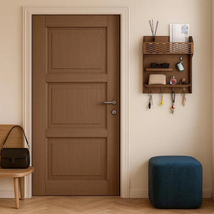 Rustic Wall Mounted Key Holder with Mail Sorter, Wooden Entryway Organizer with Hooks and Shelves, Walnut Finish Key Rack for Hallway, Living Room