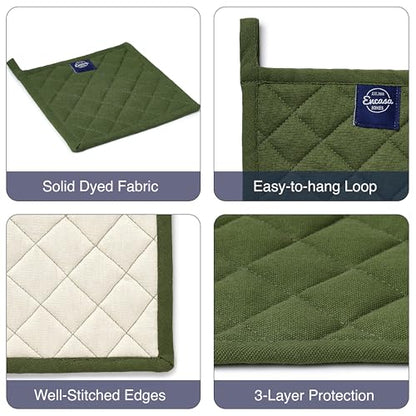 Encasa XO Pot Holders, Quilted Kitchen Hot Pads 8"x8" Leaf Green | 100% Heavyweight Cotton | Quilted Insulation | Multipurpose Trivets & Hot Pads | Hanging Loop | Set of 2 - color: Leaf Green
