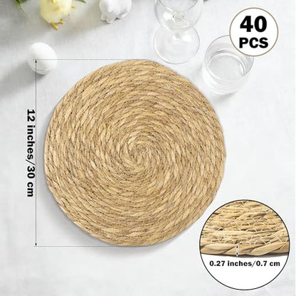 Elcoho 40 Pieces Round Woven Placemats 12 Inch Boho Rattan Placemats Farmhouse Braided Place Mats Woven Plate Chargers Rustic Wicker Table Mats for Dining Table - size: 12 Inch