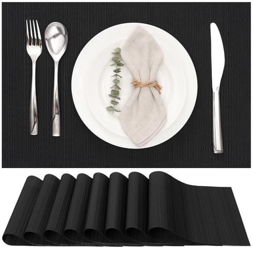 Myir JUN Black Placemats Set of 8 Kitchen and Dining Table Placemats | Vinyl Placemats Place Mats Indoor/Outdoor Set of 8 Washable Table Mats Non-Slip Place mats for Dining Table, Black - color: Black, size: Set of 8