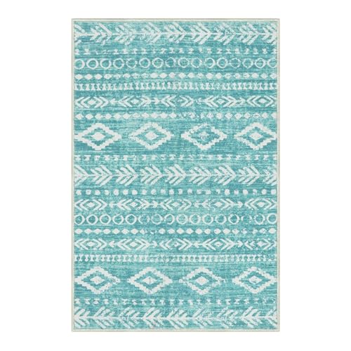 Lahome 2x3 Rustic Geometric Teal/White Area Rug, Machine Washable, Non-Slip Backing, Boho Print Design, Ultra-Thin Soft Indoor Entrance Rug - color: Teal/White, size: 2' x 3'