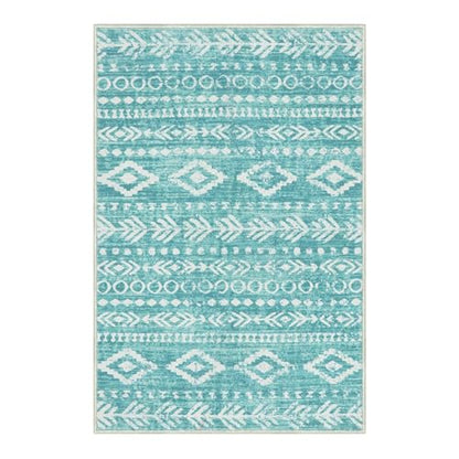 Lahome 2x3 Rustic Geometric Teal/White Area Rug, Machine Washable, Non-Slip Backing, Boho Print Design, Ultra-Thin Soft Indoor Entrance Rug - color: Teal/White, size: 2' x 3'