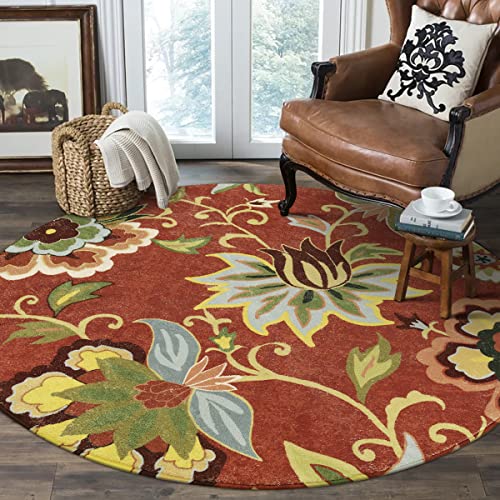 Lahome Red Floral Round Rug - 4 ft Christmas Washable Round Area Rugs Small Non Slip Entryway Mat, Throw Circle Vintage Distressed Door Mat Soft Floor Carpet for Bedroom Living Room Bathroom Kitchen - color: 2-coral, size: 4' (Round)