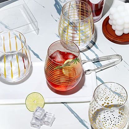 Joeyan Hand Blown Stemless Wine Glasses with Gold Dots Swirls Grids Strips Pattern for Red White Wine,Large Drinking Glass Cups,Wine Glass Tumblers for Wedding Party Home,Set of 4,17.5 oz - color: Gold Dots Swirls Strips Grids Patterned