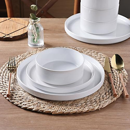 GBHOME Stoneware Dinnerware Sets for 4, 12 Pieces Plates and Bowls Set | Lightweight Ceramic Ribbed Dishes,Reactive Glaze Stackable Plate Set,Scratch Resistant,Microwave Dishwasher Safe, Light - color: Light White