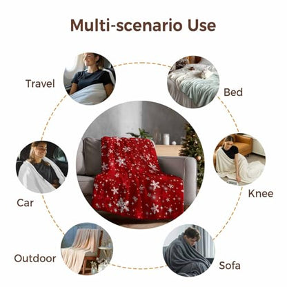 Christmas Throw Blanket, Red White Snowflakes Super Soft Warm Flannel Blankets for Bed Couch Sofa Winter Shiny Stars Xmas Snow Red Lightweight Fluffy Plush Bed Throws 50x60 Inch - color: Red, size: 50''x60''