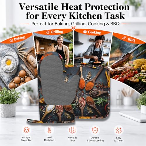 Various Spices and Herbs Heat-Resistant Oven Mitts and Pot Holder Kitchen Non-Slip Silicone Cooking Microwave Gloves for Cooking Baking Grilling - color: Various Spices and Herbs