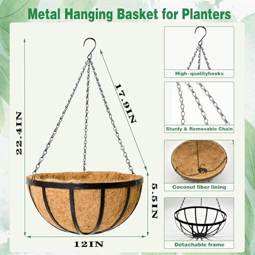 4 Pack 12 Inch Hanging Planters for Outdoor Plants Metal Hanging Planter Basket with Coco Coir Liner Round Plant Black Flat Iron Metal Flower Pots for Deck Patio Porch Garden Balcony - size: 12 Inch