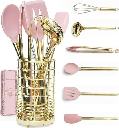 Styled Settings Gold and Pink Kitchen Utensil Set with Holder, 7-Piece | Nonstick Silicone Cooking Utensils Set with Gold Utensil Holder, White and Gold Kitchen Accessories for Modern Kitchens - color: 7 Piece Pink & Gold