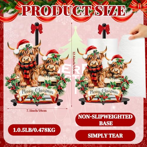 Christmas Highland Cow Paper Towel Holder with Round Base | Rustic Bathroom Countertop Decor, Festive Dispenser for Toilet Home Accessories, Holiday Organizer with Stable Base Design - style: Christmas Highland Cow
