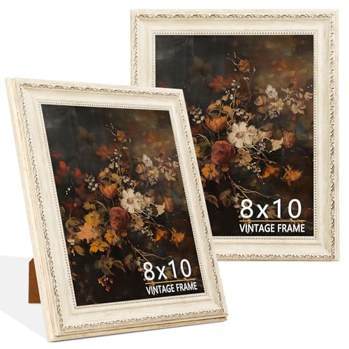 8x10 Vintage Picture Frame, Cream Ivory PS Photo Frame with Wood Grain Texture & Gold Floral Beaded Details, 8 x 10 Frame for Living Room, Office or Gallery Wall, Antique Home Decor, 1 Pack - color: Cream Ivory, size: 8x10 - 2 Pack