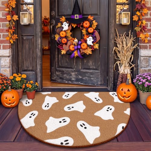 Duraaamo Halloween Doormats Spooky Ghost Door Mat Outdoor Entrance Half Circle Non Slip Welcome Floor Rug for Halloween Fall Front Porch Entryway Decor - style: Halloween