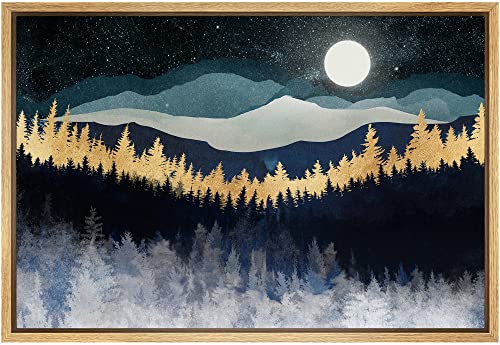 SIGNFORD Framed Canvas Print Wall Art Gold Blue Moonlight Mountain Forest Nature Wilderness Illustrations Modern Art Rustic Zen Landscape Colorful for Living Room, Bedroom, Office - 16"x24" Natural - color: Ab01-2205-n14, size: 24"L x 16"W