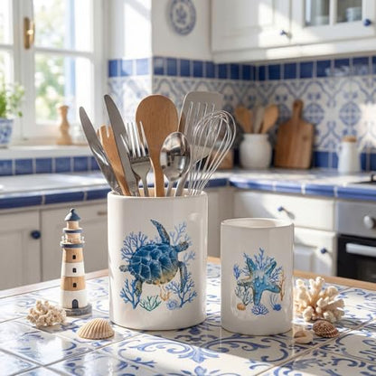 2 Pack Ceramic Utensil Holder 6.3" + 5.1" Ocean Theme Coastal Kitchen Crocks for Countertop Storage, Sea Turtle & Starfish Design, Decorative Utensil Organizer for Beach House Decor