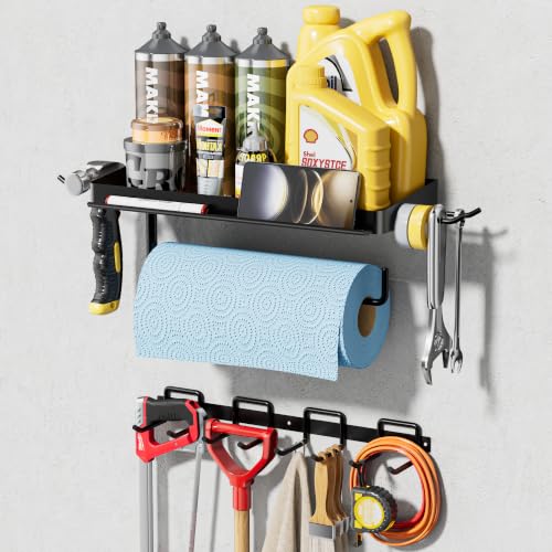 SUNTECH Garage Paper Towel Holder with Tool Hanger Wall Mount, Black | Solid Iron, Rust-resistant Finish, Fits Jumbo Rolls, Includes 15-inch Garage Wall Organizer, for Garage, Shop, Kitchen, RV - color: Black, size: 12.8-inch+15-inch