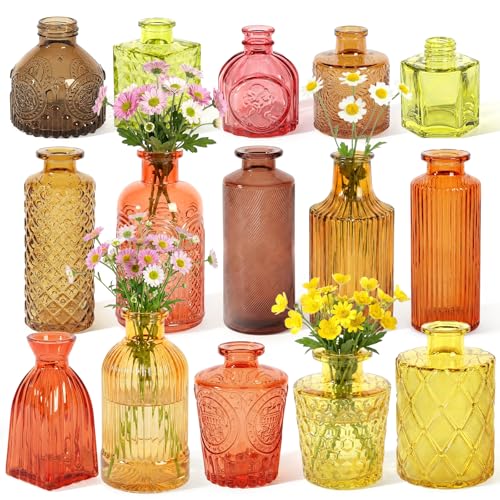 Set of 15 Gold Colored Glass Bud Vases Small Textured Flower Vases | Retro Bulk Fall Vases for Wedding Table Centerpieces Home Decor DIY Events Gifts - color: Fall Color